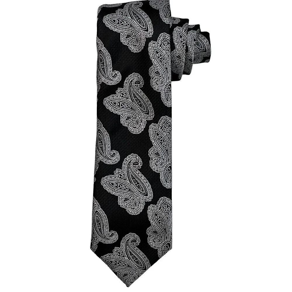 NWOT Ivy Crew Dress Shirt Tie Paisley Black White Length 58